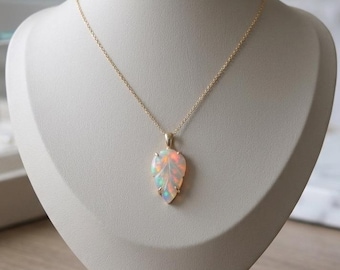 Ethiopian Opal Leaf Pendant Necklace, Welo Fire Carved Opal Gemstone Pendant, Natural Opal Statement Necklace, Rainbow Fire Opal Pendant