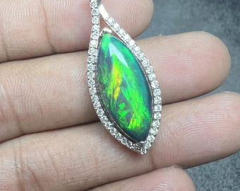 Natural Black Opal Pendant, Marquise Green Fire Opal Necklace, 925 Sterling Silver Halo Pendant, October Birthstone Jewelry, Ethiopian Opal