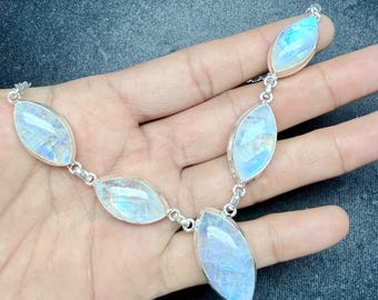 Natural Rainbow Moonstone Statement Necklace, Blue Flash Moonstone Necklace, Sterling Silver Boho Jewelry, Handmade Necklace