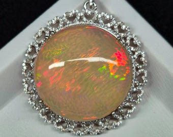 Natural Ethiopian Honeycomb Opal Pendant, Rare Welo Fire Opal Necklace, 925 Silver Statement Round Opal Pendant, Minimalist Jewelry