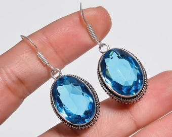 Blue Topaz Oval Gemstone Earrings – Dangle Earrings, Boho Statement Jewelry, Unique Gift for Her, Handmade Drop Earrings, Earring For Women"