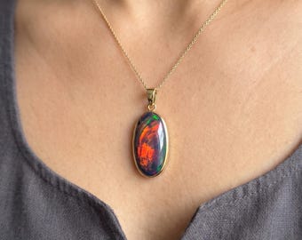 Black Opal Pendant Necklace, 925 Sterling Silver Pendant, Colorful Fire Opal Statement Necklace, Oval Ethiopian Opal Cabochon