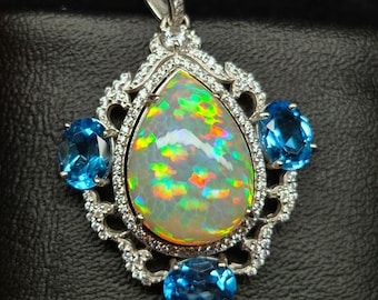 Honeycomb Yellow Opal Teardrop Pendant - 925 Silver Blue Topaz & Opal Charm - CZ Halo Ethiopian Opal Necklace - Art Deco Gemstone Jewelry