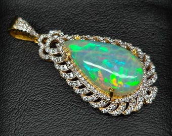 Victorian Style Opal Pendant, Natural Ethiopian Opal Pendant, Women Gemstone Pendant,  CZ Filigree Statement Necklace, 925 Sterling Silver