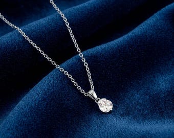 Silver Mini Pendant - Solitaire Pendant With Link Chain - Minimalist Round Cut Zircon Solitaire Necklace - Dainty Bridal Pendant For Women
