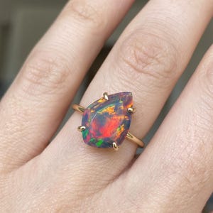 Ethiopian Fire Opal Ring, 925 Sterling Silver Ring, Fancy Shape Statement Ring, Black Opal Women Ring, Prong Setting Ring
