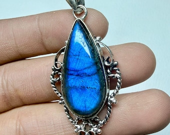 Blue Flash Labradorite Sterling Silver Pendant, Pear Cabochon Necklace, Handmade Jewelry