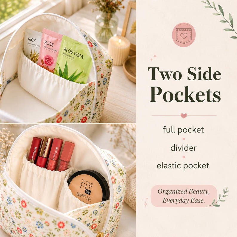 Pu&ograve; includere: Una borsa cosmetica con stampa floreale e interno color crema con due tasche laterali. La borsa contiene tre maschere in tessuto, quattro rossetti e una cipria compatta rotonda. Il testo include Two Side Pockets, full pocket, divider, elastic pocket e Organized Beauty, Everyday Ease.