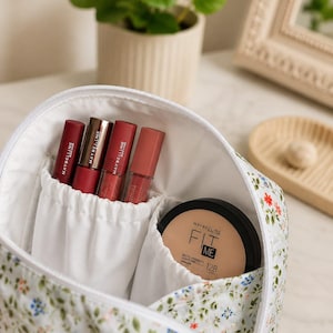 Pu&ograve; includere: Una trousse bianca con motivo floreale di piccoli fiori rossi e blu e foglie verdi. All'interno si trovano quattro prodotti per labbra Maybelline e una cipria compatta opaca Maybelline Fit Me nella tonalit&agrave; 128, in tasche bianche.