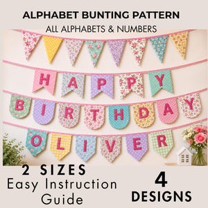 Puede incluir: Un patrón de banderines con el alfabeto y las palabras "HAPPY BIRTHDAY OLIVER". Los banderines presentan varios diseños en colores pastel. También se ve el texto "ALPHABET BUNTING PATTERN" y otros detalles.