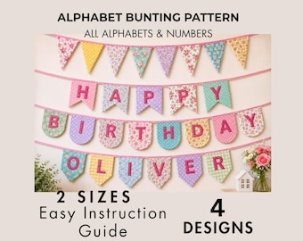 Flag bunting Alphabet garland 2 sizes, 4 designs,Happy birthday banner garland, Alphabet name bunner,Fabric Alphabet sewing pattern digital