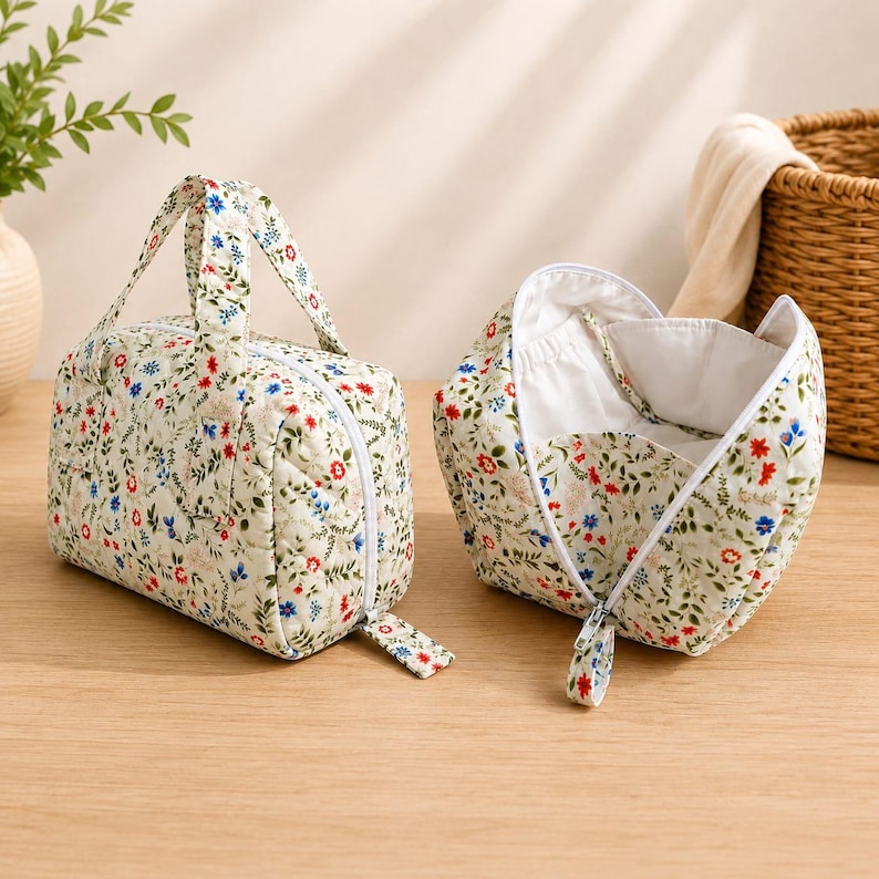 Pu&ograve; includere: Due pochette in tessuto trapuntato con sfondo color crema e un motivo floreale in miniatura nei toni del rosso, blu e verde. Una pochette &egrave; chiusa con manico e cerniera, mentre l'altra &egrave; aperta, rivelando una fodera interna bianca liscia.