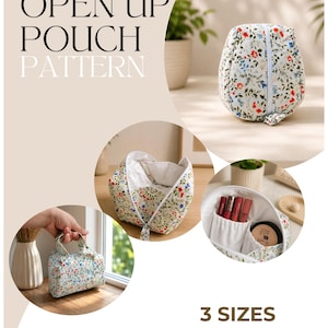Pu&ograve; includere: Un cartamodello per una pochette apribile in tre dimensioni con guida passo dopo passo. La pochette presenta una base in tessuto bianco con una stampa floreale colorata, una cerniera bianca e tasche interne per organizzare i cosmetici.