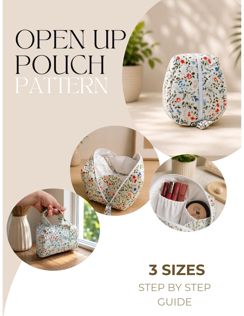 Pu&ograve; includere: Un cartamodello per una pochette apribile in tre dimensioni con guida passo dopo passo. La pochette presenta una base in tessuto bianco con una stampa floreale colorata, una cerniera bianca e tasche interne per organizzare i cosmetici.