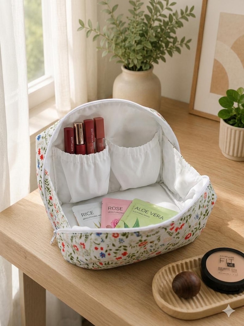 Pu&ograve; includere: Una borsa cosmetica bianca con un colorato motivo floreale con fiori rossi, blu e verdi. L'interno presenta tasche in tessuto bianco contenenti tre rossetti rossi e tre bustine piatte per la cura della pelle etichettate Rice, Rose e Aloe Vera.