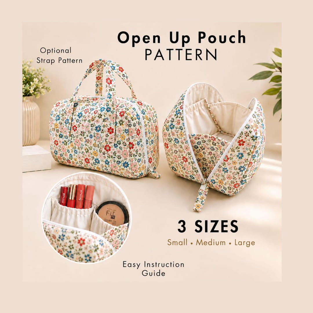 Open-Up Pouch sewing pattern 3 sizes ,Makeup cosmetic travel bag,makeup wide open organize