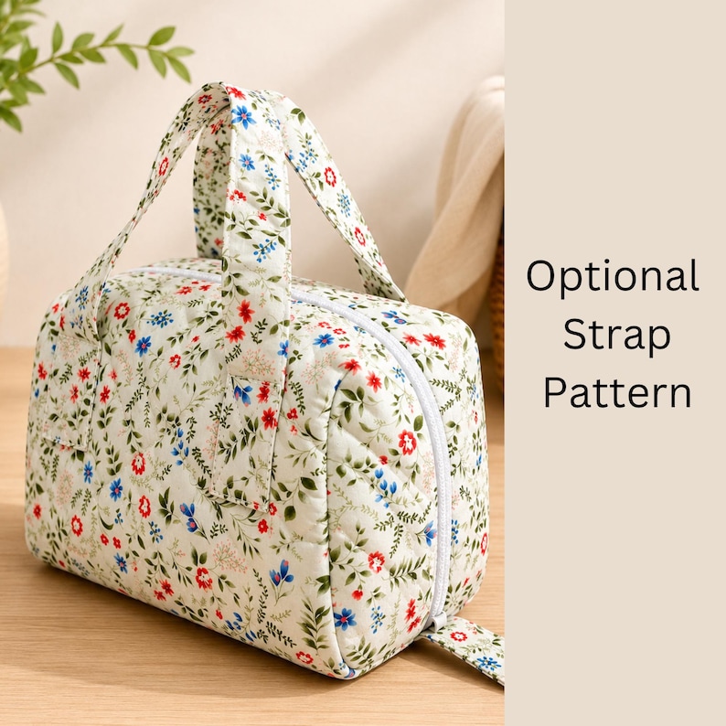 Cartamodello per pochette apribile in 3 misure, trousse da viaggio per cosmetici, pochette organizer per trucchi con ampia apertura, modello di tracolla opzionale, cartamodello per borsa fai da te in formato PDF immagine 6