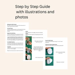 Pu&ograve; includere: Una guida al cucito passo dopo passo con illustrazioni e foto intitolata Step by Step Guide with illustrations and photos. Il documento descrive le istruzioni per realizzare pannelli laterali, tagliare i pezzi, applicare l'interfodera e cucire.