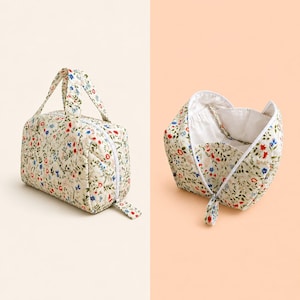 Pu&ograve; includere: Una borsa cosmetica in tessuto trapuntato con base color crema e un motivo floreale colorato di piccoli fiori e foglie rosse, blu e verdi. La borsa presenta due manici superiori, una chiusura a zip e un interno foderato in tessuto bianco.