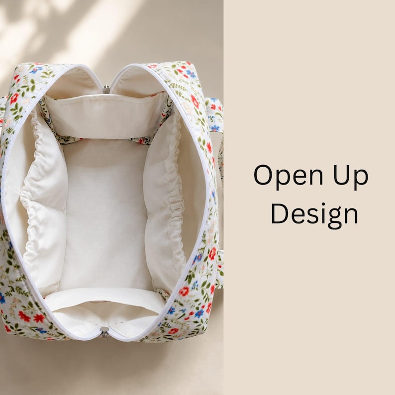 Pu&ograve; includere: Una borsa da viaggio trapuntata bianca con un colorato motivo floreale di fiori rossi, blu e verdi. La borsa &egrave; aperta e rivela un interno color crema con diverse tasche elasticizzate e una chiusura a zip. Il testo recita Open Up Design.