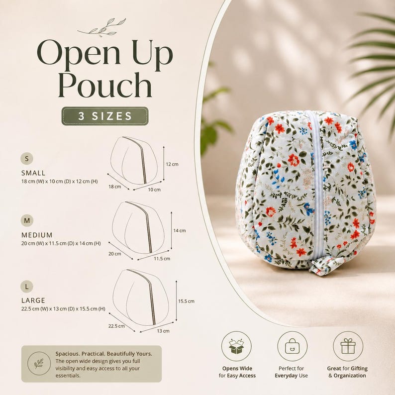 Pu&ograve; includere: Una pochette con stampa floreale e chiusura a zip bianca. La pochette presenta una base bianca con motivi botanici rossi, blu e verdi. Il testo include Open Up Pouch, 3 SIZES e le dimensioni in cm per tre diverse misure disponibili.
