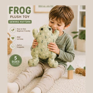 May include: A light green plush frog toy featuring a white floral and fern leaf pattern with black button eyes. The text on the image reads: FROG PLUSH TOY, SEWING PATTERN, Easy to Sew Beginner Friendly, PDF PATTERN, Soft & Huggable, 5 SIZES INCLUDED.