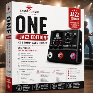 May include: A white product box for the BassFoundry One Jazz Edition HX Stomp bass preset, featuring a black multi-effects pedal with three footswitches, a digital display, and text detailing features like Thumb, Grunt, and Climax sound snapshots.