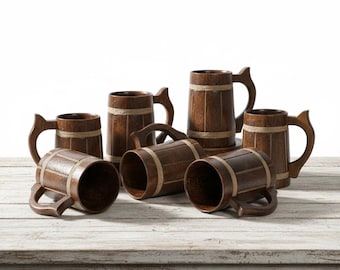 Handmade Wooden Beer Mug Set: Rustic Viking Tankard Barware