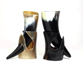 Ensemble de cornes à boire viking : authentiques tasses médiévales en corne de bœuf avec support
