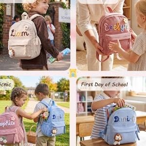 May include: A collage of images showcasing children's backpacks. The backpacks are in various colors, including beige, pink, and blue. Each backpack is personalized with a name and a small animal applique. The text includes "Outdoor Activities," "Holiday Gifts," "Picnic," and "First Day of School."