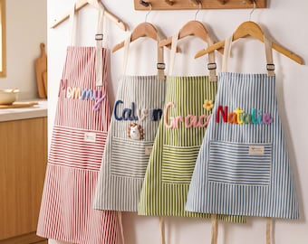 Grembiule a righe personalizzato con tasca, grembiule personalizzato per bambini, grembiule da cucina, regali di Natale