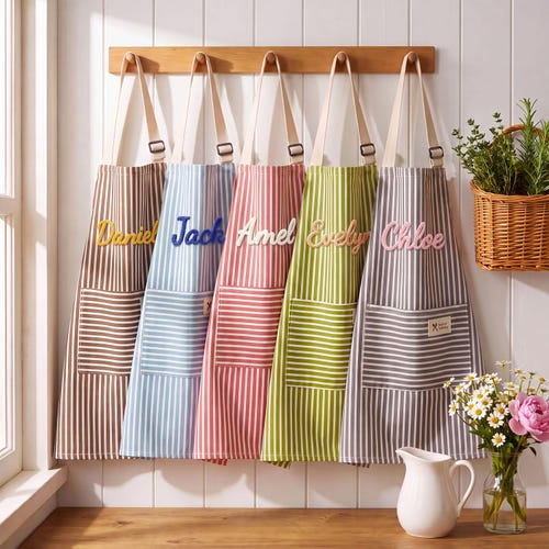 Grembiule da cucina a righe personalizzato con tasca, grembiule da cucina con nome, regalo per chi ama cucinare, regalo di Natale