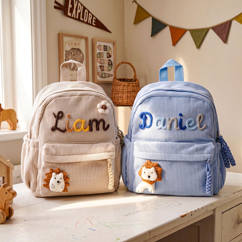 May include: Two corduroy backpacks, one beige and one light blue, sit side-by-side. The beige backpack has the name "Liam" embroidered on it, along with a flower and hedgehog applique. The blue backpack has the name "Daniel" and a lion applique.