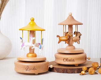 Musical Wooden Carousel Keepsake, Custom Name Wooden Music Box, Keepsake Gifts for Kids, Baby Shower Gift, Engraved Music Box, Newborn Gifts