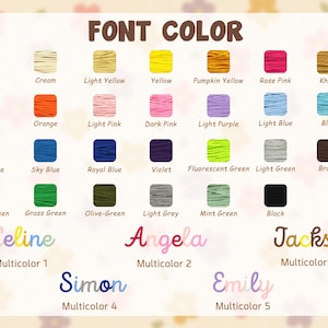 Op de afbeelding: Een kleurenkaart met diverse garenopties onder de kop FONT COLOR, met rijen vierkante stalen in wit, cr&egrave;me, geel, roze, blauw, groen, bruin en zwart, plus vijf meerkleurige naamsvoorbeelden: Celine, Angela, Jackson, Simon en Emily.