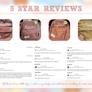 Op de afbeelding: Een collage van 5 STAR REVIEWS met vier kleine rugzakken in roze, kaki en geel. Elke tas is gepersonaliseerd met geborduurde namen zoals Emiliana, Azari, Lylah en Bella, en versierd met kleine, gestructureerde bloemapplicaties.