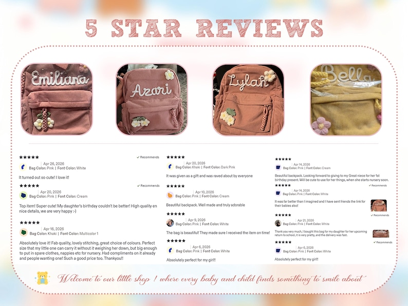 Op de afbeelding: Een collage van 5 STAR REVIEWS met vier kleine rugzakken in roze, kaki en geel. Elke tas is gepersonaliseerd met geborduurde namen zoals Emiliana, Azari, Lylah en Bella, en versierd met kleine, gestructureerde bloemapplicaties.