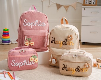 Gepersonaliseerde corduroy rugzak en lunchtasset, aangepaste naam schooltas, schoollunchtas, naam kindertas, terug naar school cadeau, cadeau voor kinderen