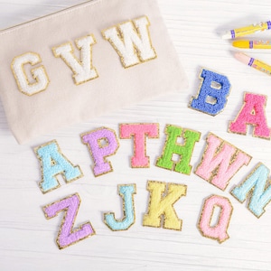Stick On Chenille Letter Patch, Patches for Bags, Gold Glitter Letter Trim, Sew Gold Trim Capital Embroidered Name, A-Z Applique Patch