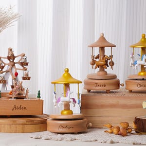 Custom Name Wooden Music Box, Musical Carousel Keepsake, Baby Shower Gift, Engraved Music Box, Keepsake Gift for Kids, Nursery Decor