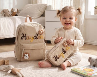 Aangepaste kinderrugzak en lunchtas, gepersonaliseerde corduroy rugzakset, cadeau voor kinderen, naam kindertas, schoollunchtas, terug naar school cadeau