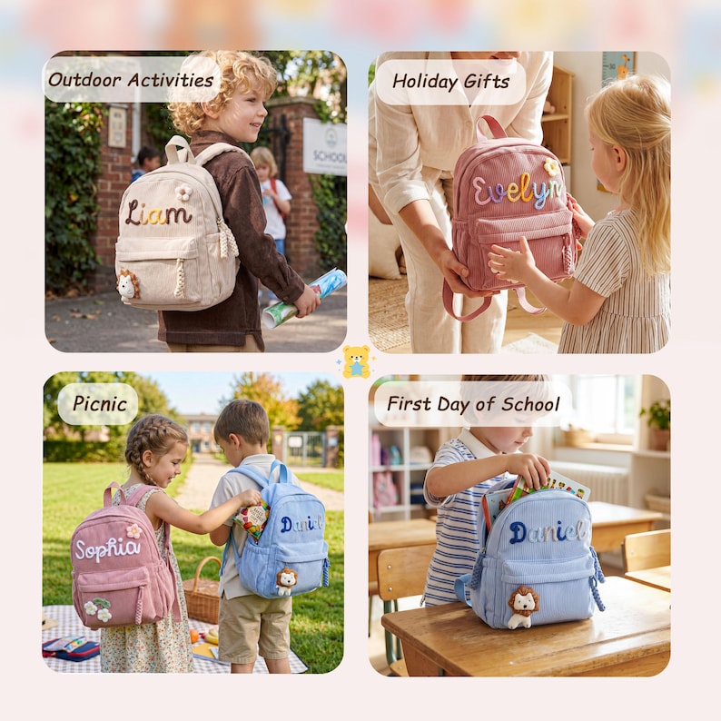 May include: A collage of images showcasing children's backpacks. The backpacks are in various colors, including beige, pink, and blue. Each backpack is personalized with a name and a small animal applique. The text includes "Outdoor Activities," "Holiday Gifts," "Picnic," and "First Day of School."