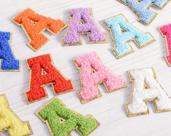 Chenille-letterpatches, naai gouden rand geborduurde naam hoofdletter, gouden glitter briefversiering, appliqué letters AZ, letterpatch voor tassen