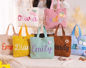 Sac à main avec prénom personnalisé, sac fourre-tout personnalisé en velours côtelé avec prénom, cadeau pour enfants, sac à main pour enfants, cadeau de Noël, sac à main pour enfants avec prénom, cadeau de baby shower