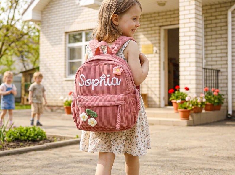 Op de afbeelding: Een oudroze rugzak van corduroy met de naam Sophia in witte schrijfletters op het voorvak. De tas is versierd met een kleine gehaakte bloemapplicatie aan de bovenkant en twee witte gehaakte bloemen met groene blaadjes aan de onderkant.