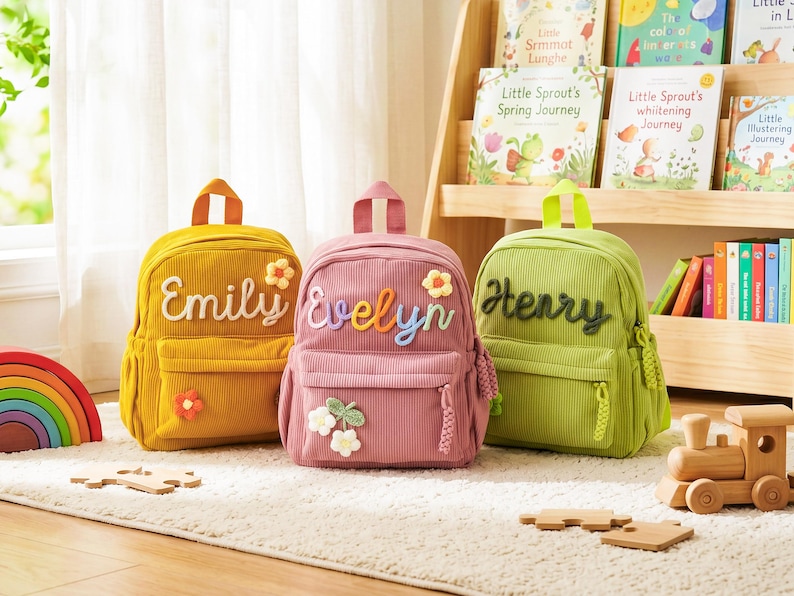 May include: Three corduroy backpacks in yellow, pink, and green, each personalized with a name in cursive lettering. The yellow backpack says "Emily", the pink says "Evelyn", and the green says "Henry". Each bag has a front pocket and a flower embellishment.