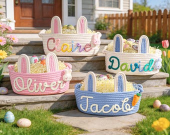 Canasta de Pascua, Canasta con nombre personalizado, Canasta de regalo personalizada para bebé, regalo para niños, regalo para baby shower, Canasta con nombre de conejito, Canasta de regalo para bebé de cuerda de algodón