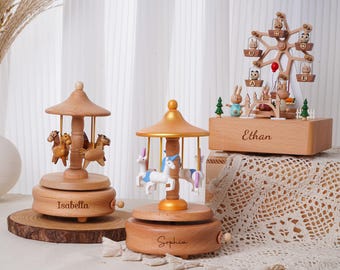 Musical Wooden Carousel Keepsake, Custom Name Music Box, Baby Shower Gift, Engraved Wooden Music Box, Newborn Gifts, Gifts for Kids