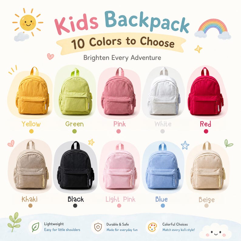 Op de afbeelding: Een collectie van tien kleine rugzakken in geel, groen, roze, wit, rood, kaki, zwart, lichtroze, blauw en beige. De afbeelding bevat de tekst Kids Backpack, 10 Colors to Choose en Brighten Every Adventure, met iconen van een zon en regenboog.