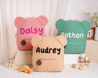 Mochila de osito de peluche suave, mochila de osito personalizada con nombre para niños, mochilas de bebé suaves, regalos de Navidad, regalos para niños, bolsos para niños pequeños